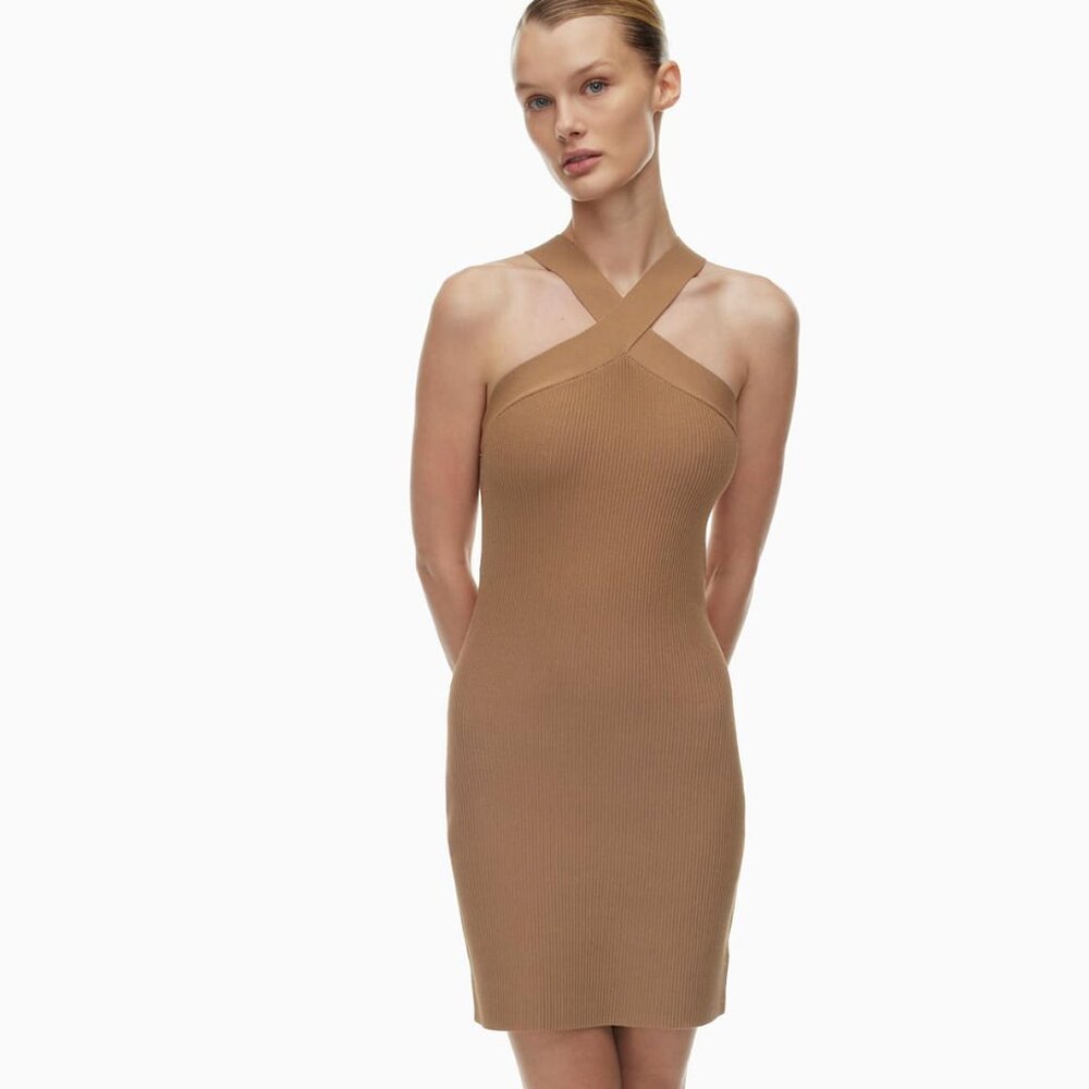 Aritzia Babaton Sculpt Knit Criss Cross Dress - Tan - Large